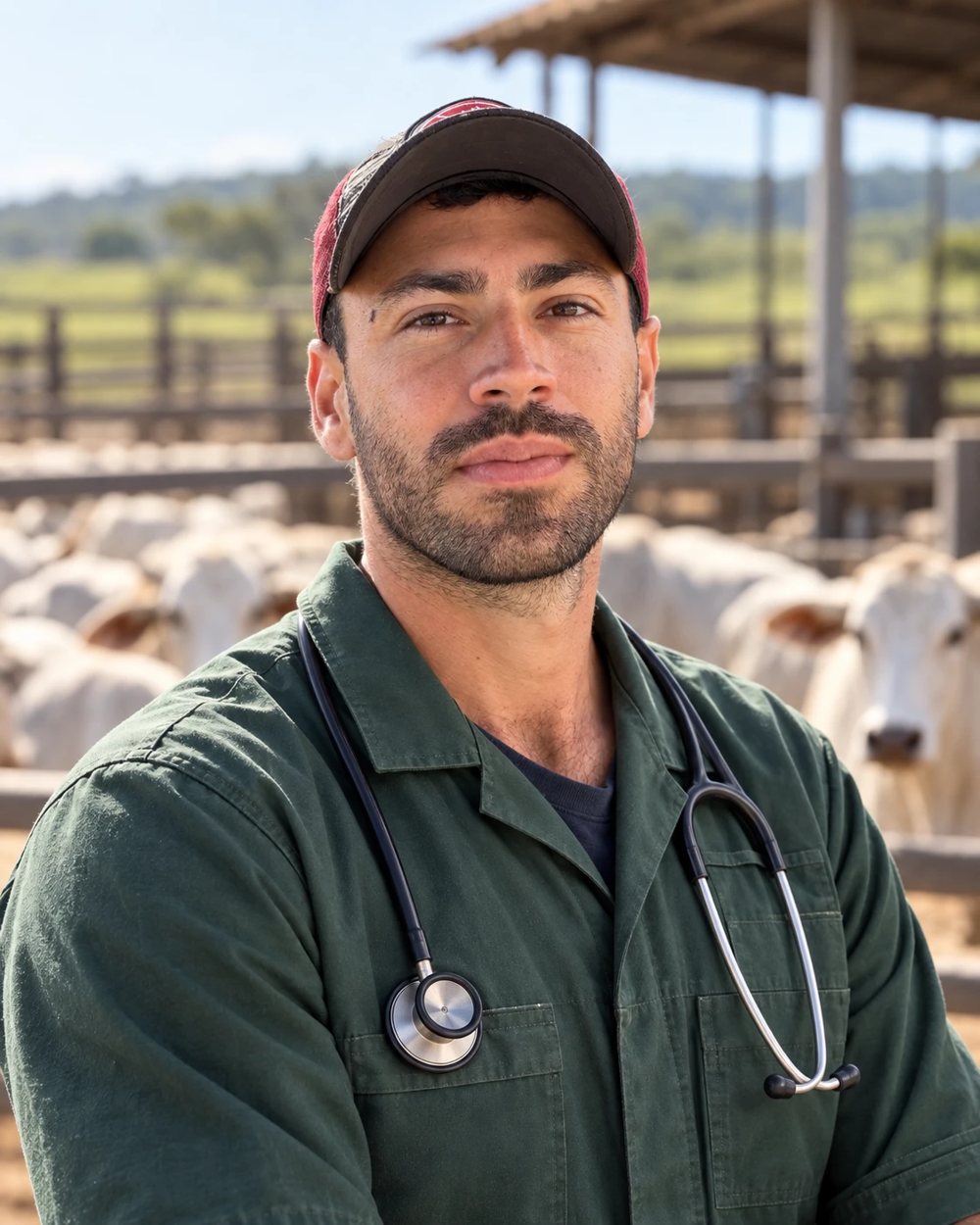 Dr. José Bernardino, de estetoscópio e jaleco verde, no curral com gado Nelore ao fundo
